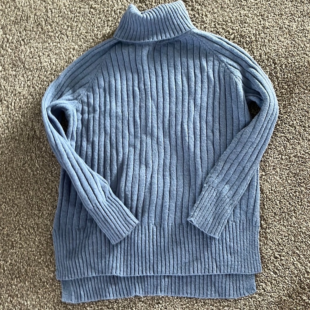 blue long sleeved turtle neck sweater